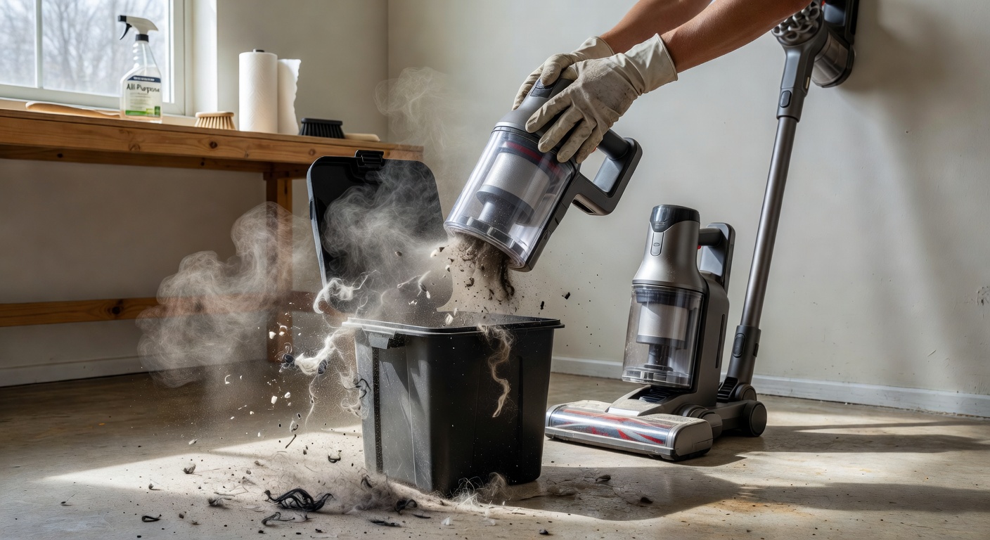 Emptying the vacuum dust bin over a waste bin — the first and most important step in restoring suction