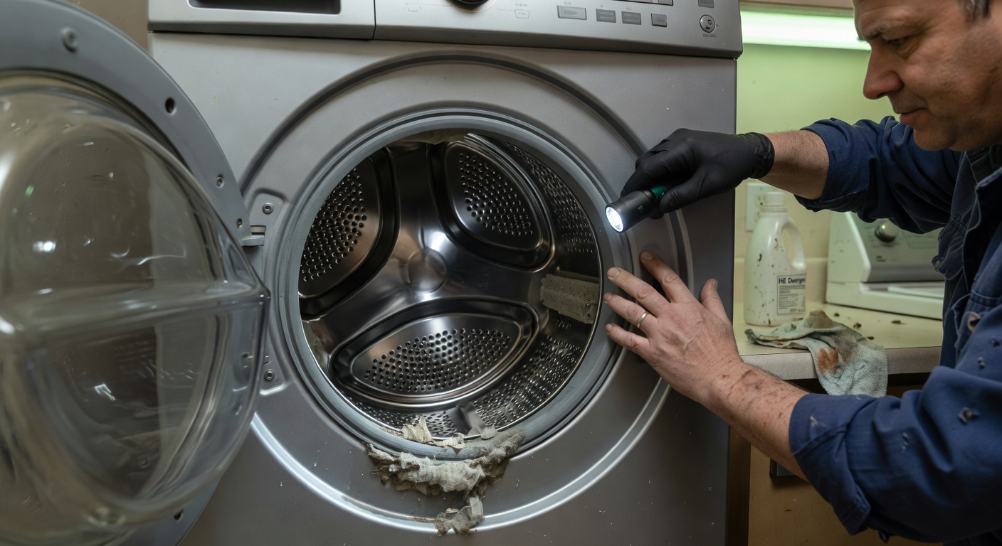Checking the drum of a washing machine for residue and build-up during routine maintenance