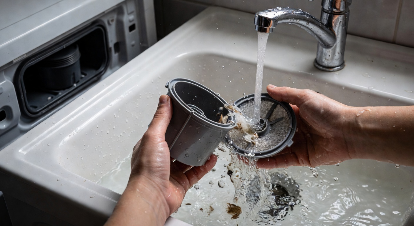 Rinsing the washing machine filter under running water to remove lint, fibres, hair, and accumulated debris